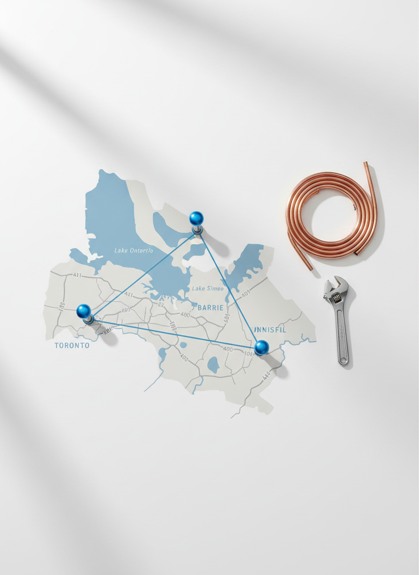 A wide aerial-style view of a stylized Greater Toronto Area, Barrie, and Innisfil map printed on a clean white desk surface, with major highways and lakes clearly labeled in subtle blues and grays. Small, glossy metallic blue location markers are placed on Toronto, Barrie, and Innisfil, connected by thin, straight lines suggesting service routes. Nearby, a neatly coiled length of copper pipe and a small adjustable wrench rest on the desk, introducing subtle plumbing context. Soft, natural daylight from the top of the frame creates minimal, crisp shadows, maintaining a clean, modern look. Photographed from a true top-down perspective in bright photographic realism, the scene feels organized, professional, and reassuring, visually communicating the company’s wide, well-coordinated service area coverage.