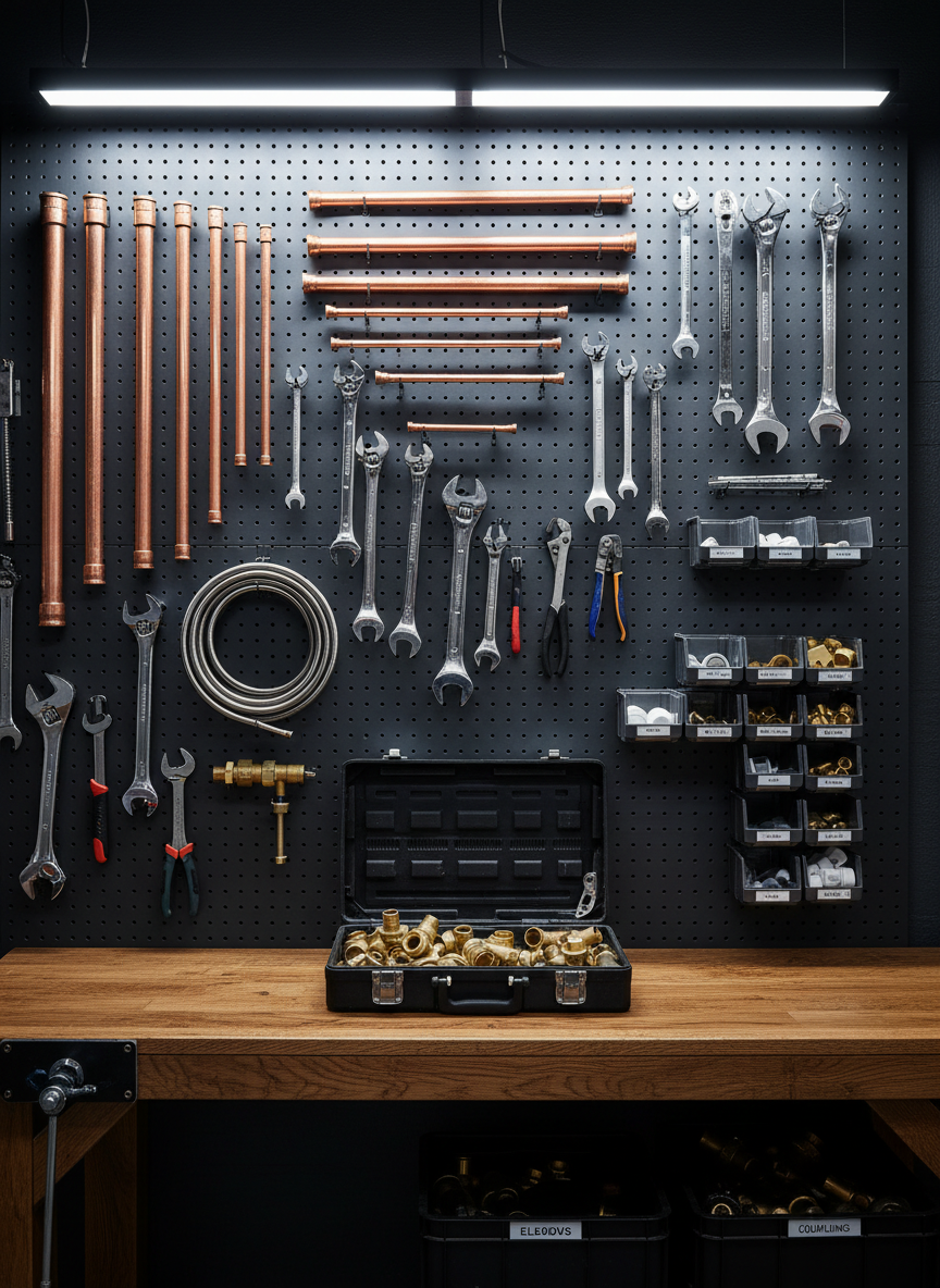 A meticulously organized wall of professional plumbing tools hanging on a dark gray perforated board in a tidy workshop. Shiny copper pipes, wrenches, pipe cutters, plumbing snakes, and neatly labeled fittings are arranged with exact spacing. Below, a sturdy wooden workbench holds an open toolbox with sorted brass valves and connectors. Overhead LED shop lights cast bright, even illumination, creating crisp highlights on metal surfaces and soft shadows beneath the tools. Captured in photographic realism from a straight-on, eye-level perspective, the frame is balanced using the rule of thirds, with the central workbench slightly lower. The atmosphere is highly professional, competent, and trustworthy, suggesting a well-prepared plumbing service operation ready for any residential or commercial job.