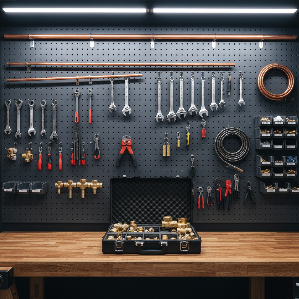 A meticulously organized wall of professional plumbing tools hanging on a dark gray perforated board in a tidy workshop. Shiny copper pipes, wrenches, pipe cutters, plumbing snakes, and neatly labeled fittings are arranged with exact spacing. Below, a sturdy wooden workbench holds an open toolbox with sorted brass valves and connectors. Overhead LED shop lights cast bright, even illumination, creating crisp highlights on metal surfaces and soft shadows beneath the tools. Captured in photographic realism from a straight-on, eye-level perspective, the frame is balanced using the rule of thirds, with the central workbench slightly lower. The atmosphere is highly professional, competent, and trustworthy, suggesting a well-prepared plumbing service operation ready for any residential or commercial job.